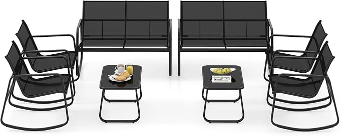 Tangkula 8 Piece Rocking Patio Furniture Set, 4 Rocking Chairs & 2 Loveseat with Glass-Top Table, Patio Rocking Set with Smooth Rocking Motion, Outdoor Rocker Conversation Set for Porch, Yard