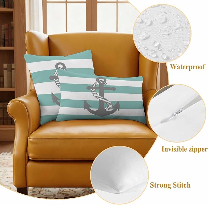 Turquoise Stripe Nautical Waterproof Outdoor Pillow Covers Set of 2 Home Decor, Grey Anchor Summer Coastal Pillowcase Patio Pillow Covers for Couch Bench Furniture Garden 16x16in