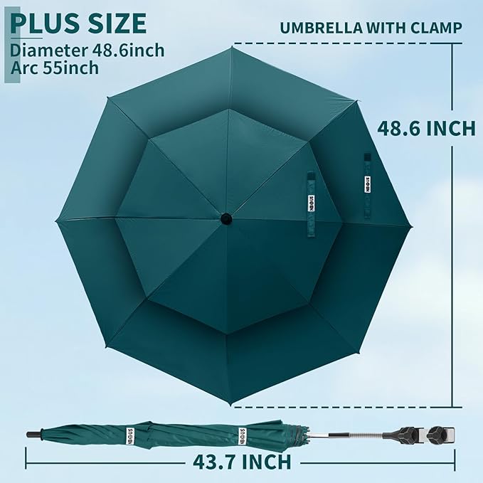2 Pack 48.6" Double Canopy Beach Umbrella with Clamp, UPF50+ Beach Chair Umbrella with clip, 360°Adjustable Portable Outdoor Wheelchair, Patio, Golf Carts,Camping(Blackish Green, Not Include Chair)