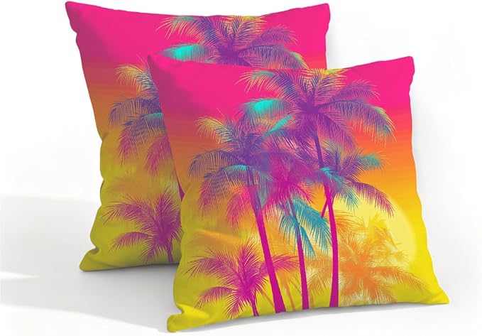 16x16 Inch Outdoor Pillow Covers Set of 2 Waterproof Throw Pillow Covers Decorative Couch Cushion Covers Pink Neon Palm Trees Square Pillowcases Protectors for Patio Garden Sofa