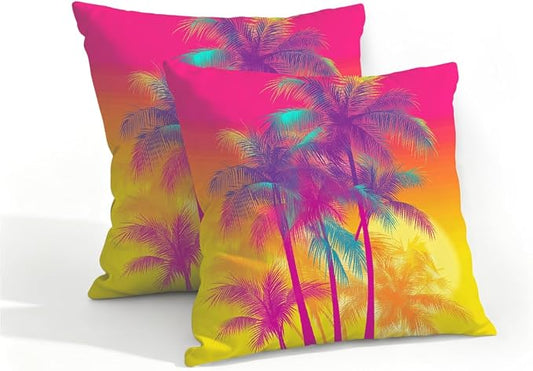 16x16 Inch Outdoor Pillow Covers Set of 2 Waterproof Throw Pillow Covers Decorative Couch Cushion Covers Pink Neon Palm Trees Square Pillowcases Protectors for Patio Garden Sofa
