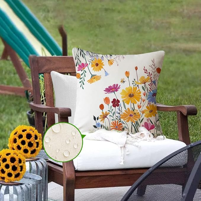 RABUSOFA Spring Summer Pillow Covers Waterproof 18x18 Inch Yellow Outdoor Decor Decorative Pillows for Couch Yellow Flower Daisy Floral Farmhouse Pillowcase for Patio Balcony Sofa Set of 2