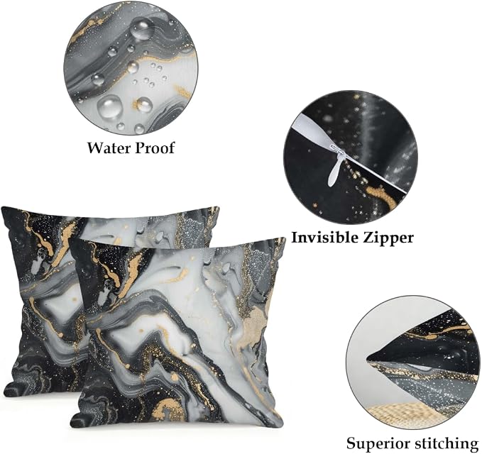 18x18 Inch Outdoor Pillow Covers Set of 2 Waterproof Throw Pillow Covers Decorative Couch Cushion Covers Black Grey Marble Square Pillowcases Protectors for Patio Garden Sofa