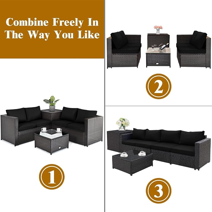 Tangkula 5 Piece Patio Furniture Set with 50,000 BTU Propane Fire Pit Table, Outdoor Wicker Conversation Set w/Cushions, Storage Box and Tempered Glass Coffee Table, 30" Gas Fire Pit Table (Black)
