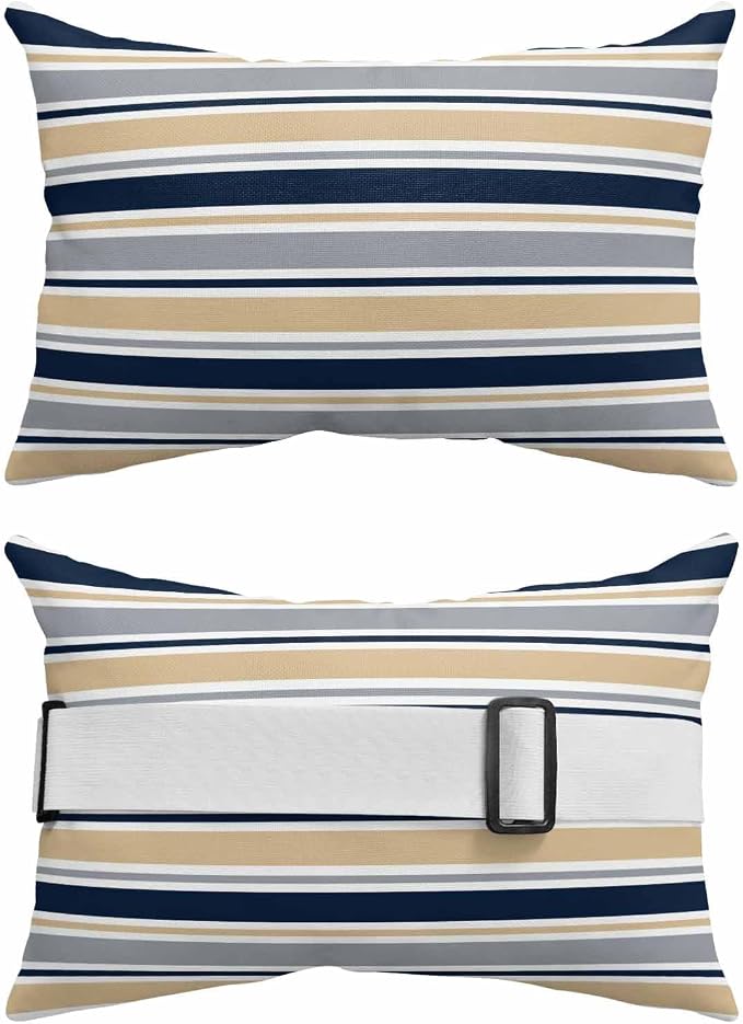 Pack of 2 Outdoor Lumbar Pillow Covers 12x20 Inch, Khaki Grey Striped Waterproof Throw Pillow Covers Set, Navy Blue Farmhouse Stripes Abstract Art Outside Decorative Cushion Cases for Patio Porch Car