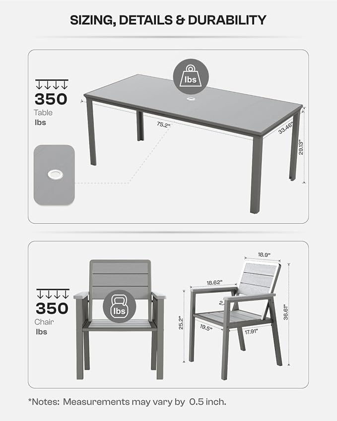 Outdoor Dining Set for 6 with 15FT Umbrella, Aluminum & HDPE Outdoor Table and Chairs, Weather-Resistant All-Season Backyard, Deck & Patio Dining Furniture with 2" Umbrella Hole (Grey)