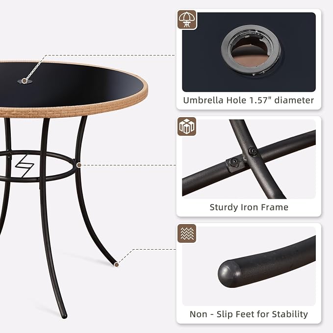 ECOTOUGE 5 Piece Patio Dining Set, Wicker Outdoor Furniture Set w/Glass Round Table, 4 PCS Chairs w/Waterproof Cushions for Backyard Garden Deck, Yellow/Black