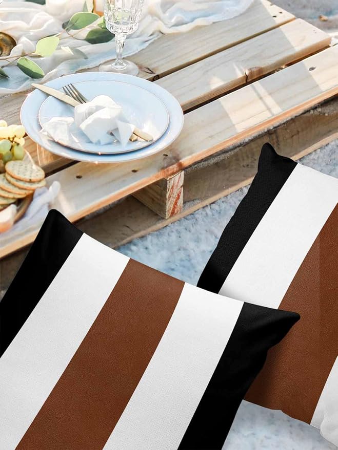 Outdoor Waterproof Throw Pillow Covers Set of 2 Boho Stripe Pillowcases 18x18 Inches Bohemian Brown Black White Patio Decorative Pillows Cushion Case Patio Pillows for Couch Bed Chair Garden