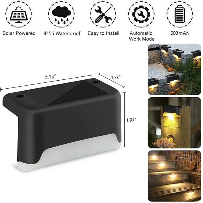 Solar Deck Lights Outdoor, 4 PCs LED Solar Fence Lights Waterproof, Garden Decorative Solar Step Lights, LED Solar Lights for Patio Porch Stairs Yard Driveway Pathway (Cool White, 24-Pack)