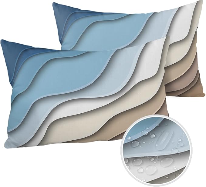 Ombre Abstract Geometry Gradient Navy Blue to Brown Outdoor Waterproof Throw Pillow Covers 20 x 12 Inch Set of 2, Pillowcases Decorative Square Cushion Cases for Patio Furniture Couch Porch Garden