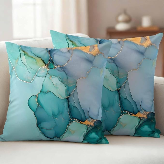 Abstract Teal Outdoor Waterproof Throw Pillow Covers Set of 2, 18"x18", Blue Gold Marble Natural Stone Cracks Modern Decorative Pillow Covers Outside Cushion Case for Patio Porch Garden