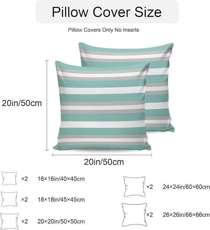 Aqua Grey Stripe Outdoor Pillow Covers Waterproof, All Weather Cushion Case Set of 2, Minimalist Farmhouse Striped Decorative Pillowcases for Sofa Couch Bed Decor Patio Furniture 18"x18"