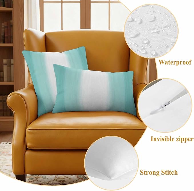 Teal Abstract Stripes Outdoor Pillow Covers 20"x20" Set of 2, Modern Teal White Gradient Waterproof Throw Pillow Covers for Patio Furniture, Decorative Cushion Covers for Porch