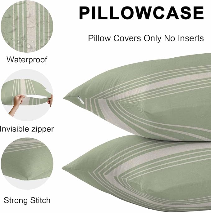 Sage Green Beige Striped Outdoor Pillow Covers 16x16 Inch Throw Pillow Covers Set of 2 Waterproof Decorative Pillow Cases Modern Farmhouse Retro Lines Cushion Covers for Patio Furniture Garden Couch