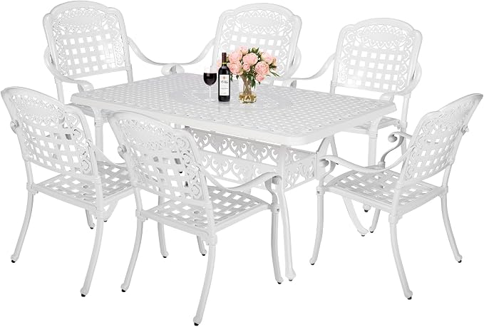 MEETWARM 7-Piece Outdoor Patio Dining Set, 6 Outdoor Dining Chairs and 1 Rectangle Table with 2" Umbrella Hole, All Weather Cast Aluminum Patio Funiture Set for Backyard, Patio(White)