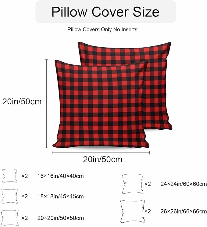 Outdoor Waterproof Throw Pillow Covers Set of 2 Red Buffalo Plaid Pillowcases 20x20 Inches Pastoral Black Checked Decorative Pillows Cushion Case Patio Pillows for Couch Bed Chair Garden