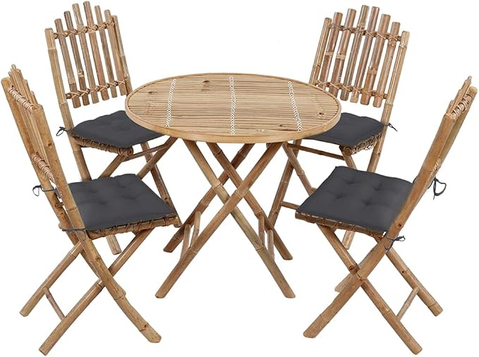 5 Piece Bamboo Folding Patio Dining Set with Waterproof Cushions for Outdoor Garden Deck or Backyard Space Saving Design