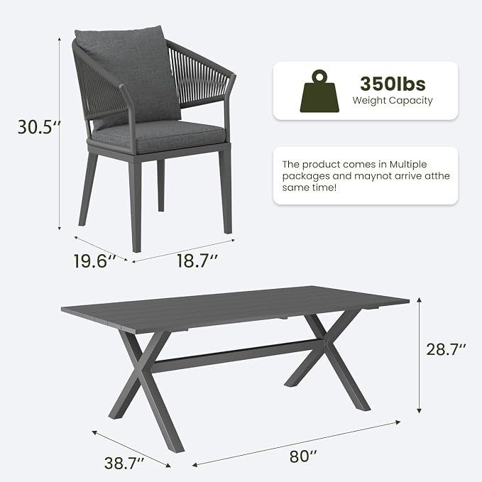 LayinSun 9 Piece Outdoor Dining Table Set, Aluminum Modern Rectangular Dining Table and All-Weather Wicker Chairs Set for Patio Deck Indoor Decor Kitchen