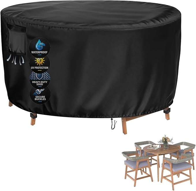 Extra Large 96 Inch Round Patio Furniture Cover, Heavy Duty Waterproof Outdoor Cover for Sectional Sofa or Bar Height Table Sets (Black, 96"DIAx48"H)