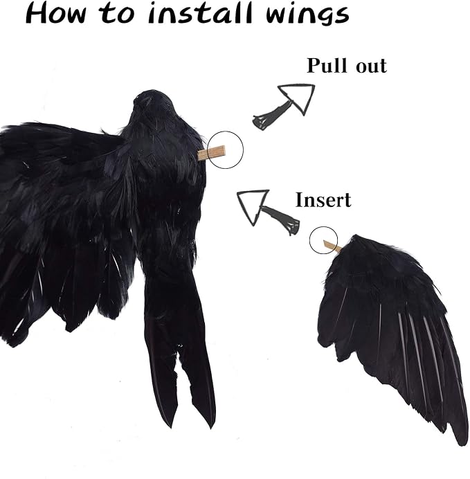 Etistta 2-Pack Realistic Crows Lifesize Extra Large Handmade Black Feathered Crow for Halloween Decorations Birds, L (13 inch+12 inch)