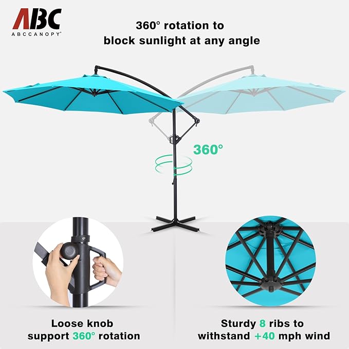 ABCCANOPY 10FT Cantilever Patio Umbrella with base included, 360° Rotation Outdoor Offset Umbrella for Backyard, Deck, Poolside (Aquamarine)