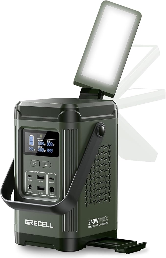 GRECELL T200 Portable Power Station 240W, Lithium Battery Solar Generator, USB-C PD 60W, LED Flashlight for Camping Home Emergency Outdoor Travel
