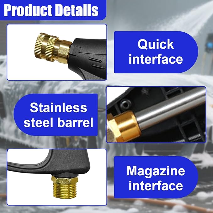YoRise High-Pressure Car Washer Gun, 4350 PSI Max Power Automotive Washer Short Gun with 1/4" Outlet Quick Connect, M22-14 Thread Mini Vehicle Cleaning Sprayer Guns Tool with 5 Nozzles(Nozzle)