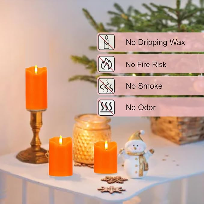Orange Flameless LED Pillar Candles, Remote Controlled with Built-in Battery, 3-Piece 3"×4"/5"/6" Set, Safe, Waterproof, Timer Function, Flickering Warm Glow for Home, Wedding & Outdoor Decor