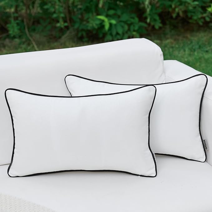 LIGICKY Pack of 2 White Outdoor Waterproof Lumbar Throw Pillow Covers Decorative Black Edge Rectangle Pillows Cushion Case Outside Pillowcase for Patio Couch Tent Sunbrella (12x20 inch)