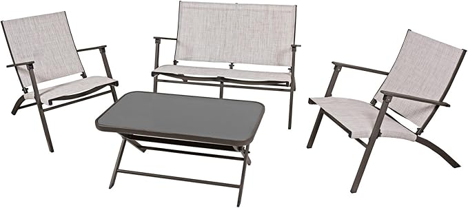 Four Seasons Courtyard Novara 4 Piece Steel Folding Outdoor Patio Furniture Conversation Set with 2 Patio Chairs, 1 Loveseat, and Table, Tan/Espresso