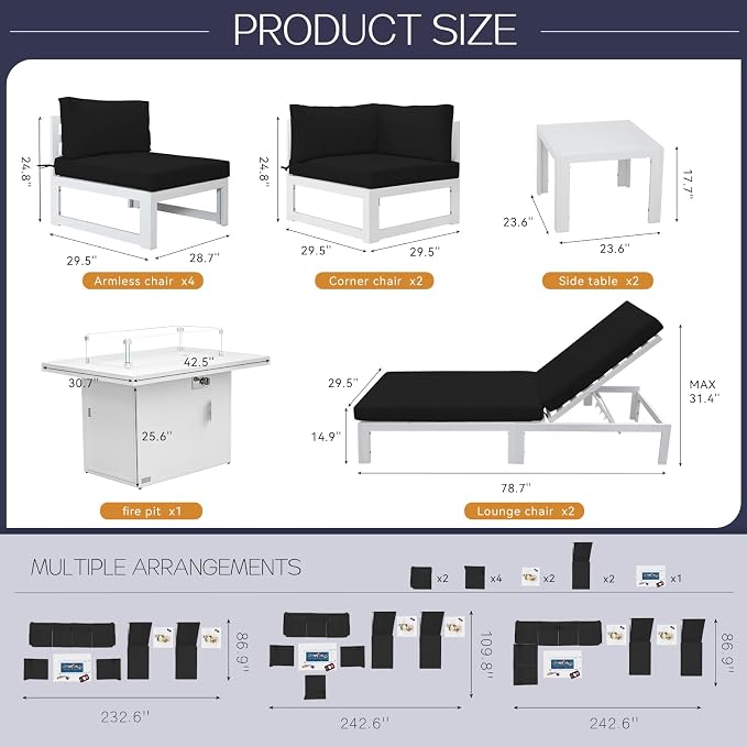 BULEXYARD 8 Seat Large Aluminum Patio Conversation Set with Lounge & Fire Pit Table, 29" Deep Wide Seat, High End Modular Sectional Seating, 500 lbs Durable Anti-Rust Outdoor Sofa for Poolside, Black