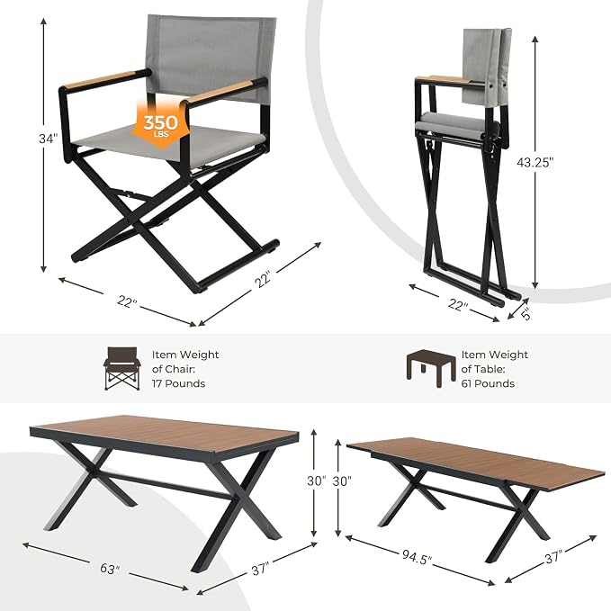 Grand patio 7-Piece Outdoor Dining Set, 6 Extra-Wide Folding Chairs & 1 Rectangle Expandable Table for 6-8 Person, Sling Mesh Patio Chairs with Wood Grain Table for Yard, Poolside, Deck, Gray