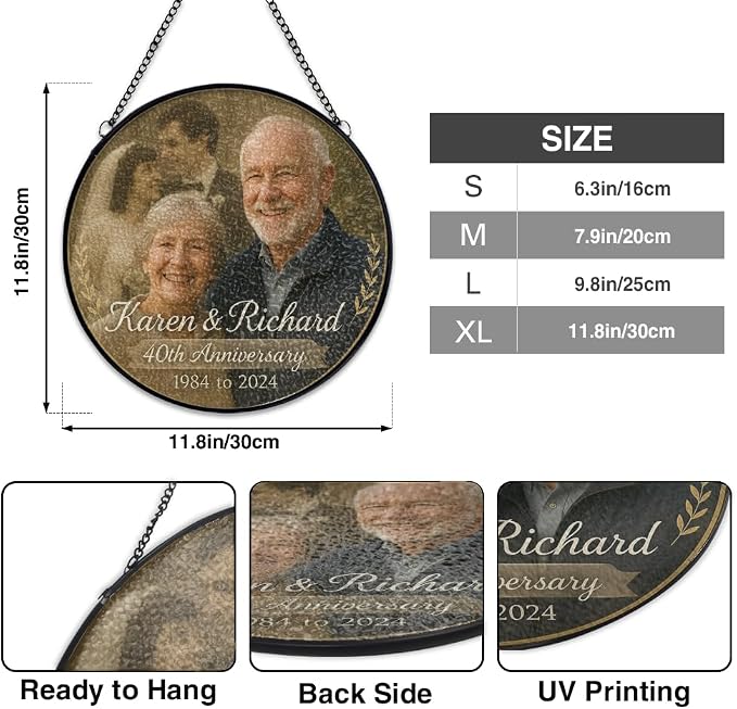 Personalized Wedding Anniversary Before After Photo Stained Glass Window Hanging Suncatcher - Heartfelt Gift for Parents, Grandparents, Old Couple - Custom Wedding