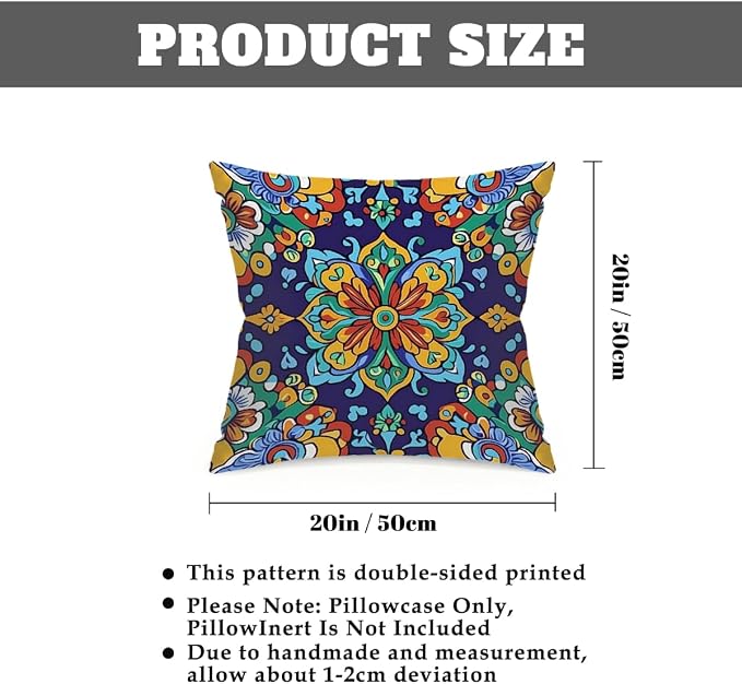 20x20 Inch Outdoor Pillow Covers Set of 2 Waterproof Throw Pillow Covers Decorative Couch Cushion Covers Mexican Style Floral Square Pillowcases Protectors for Patio Garden Sofa
