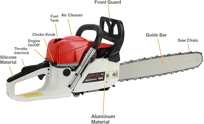 Gas Chainsaw, 20 Inches 58 Cubic Centimeter High Working Efficiency Gas-powered Handheld Chain Saw Chainsaw for Forest Cutting Trees, Wood, Garden and Farm Use (Red)