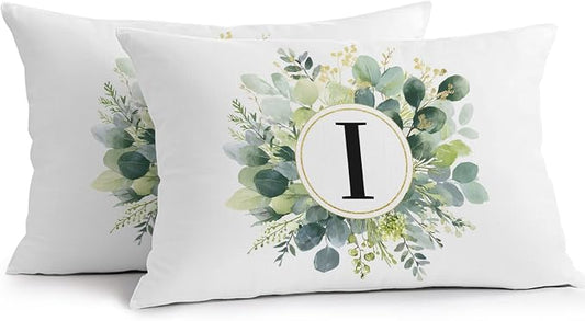 Letter I Waterproof Outdoor Pillow Covers Set of 2 Home Decor, Alphabet Green Eucalyptus Leaves Lumbar Pillowcase Patio Pillow Covers for Couch Bench Patio Furniture Garden 20x12in