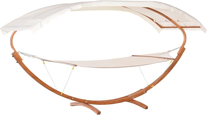 GOWE Outdoor Hammock with Stand & Accessories, Heavy Duty Wooden Frame, Extra Large Sun Shade Canopy, Indoor Outside Boho Style Nap Bed, Natural Cotton, White