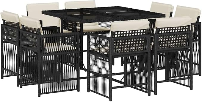 9 Piece Outdoor Dining Set for 8 People, Foldable PE Rattan Garden Furniture Table and Chairs, Patio Backyard Seating, Black and Cream