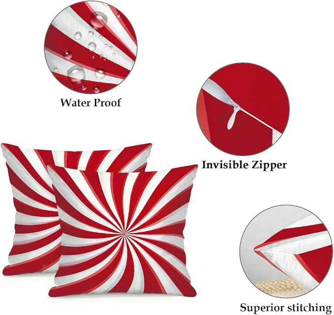 18x18 Inch Outdoor Pillow Covers Set of 2 Waterproof Throw Pillow Covers Decorative Couch Cushion Covers Candy Cane Swirl Square Pillowcases Protectors for Patio Garden Sofa