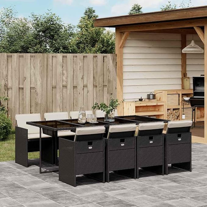 9-Piece Garden Dining Set Black PE Rattan 8-Seater Patio Set with 8 High-Back Chairs and Cushions