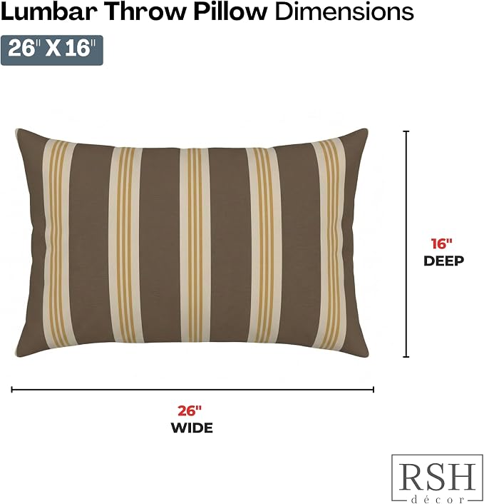 RSH DECOR: Designer Select Outdura Jumbo Lumbar Pillows Set of 2 | 26" x 16" | Water and Fade-Resistant Performance Fabric | Indoor Outdoor Accent Pillows | Made in USA (Tory Alloy)