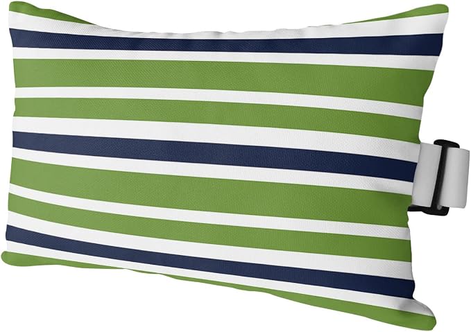 Outdoor Pillow for Chaise Lounge Chair, Green Navy Blue White Geometric Stripes Waterproof Headrest Pillow Lumbar Pillows with Adjustable Elastic Strap for Beach, Poolside, Patio, Office (1 Pack)