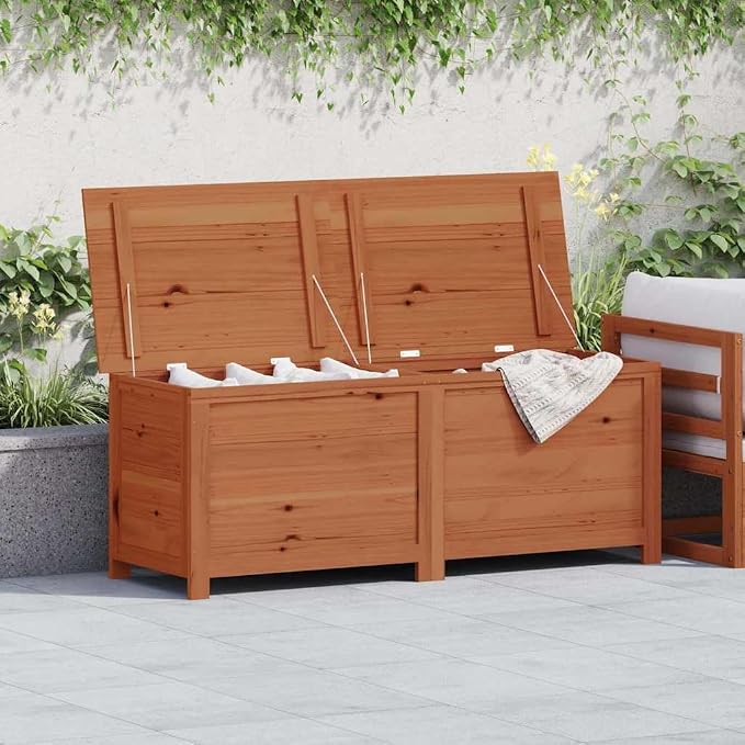 Large Brown Solid Fir Wood Outdoor Cushion Storage Box Deck Container 59.1 x 19.7 x 22 in Rectangular Patio Chest for Garden, Terrace, Poolside