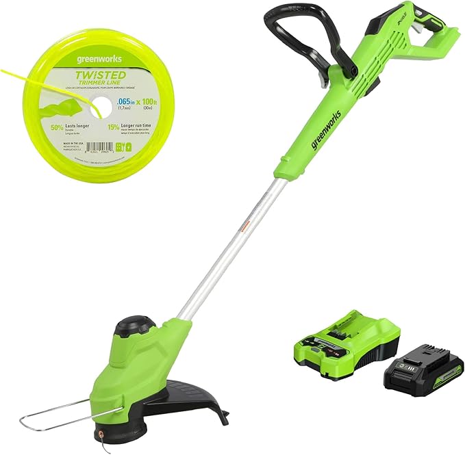 Greenworks 24V 12” TORQDRIVE String Trimmer, 0.065" Trimmer Line, 2Ah USB Battery and Charger