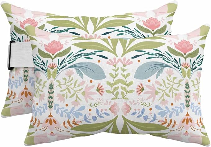 Outdoor Pillows Covers with Inserts Hand Drawn White Green Pink Floral Line Pattern Waterproof Pillow with Adjustable Strap Throw Pillows for Patio Furniture Recliner Lounge Chair, 11"x16", 2PCS