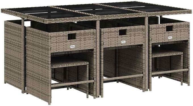 11 Piece Outdoor Patio Dining Set, PE Rattan Wicker Furniture with Cushions, Space Saving Cube Table and Chairs for Garden, Backyard, Deck, Gray