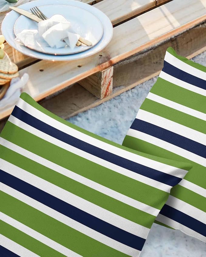 Outdoor Waterproof Throw Pillow Covers Set of 2 Navy Blue Green Stripes Decorative Outdoor Pillows Cushion Case 16x16 Inch Classic Striped Patio Pillows for Couch Sofa Bed Garden Office Home Decor
