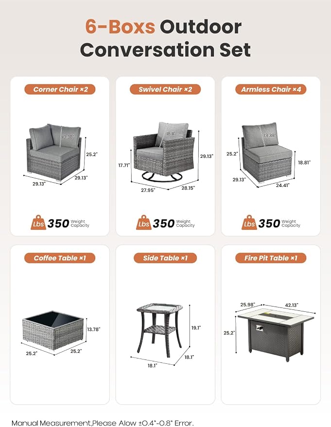 ovios 11 Piece Outdoor Patio Furniture Set with Fire Pit Table,Conversation Sectional Wicker Couch with Swivel Chairs,Modern Outside Sofa for Balcony Backyard, Dark Grey