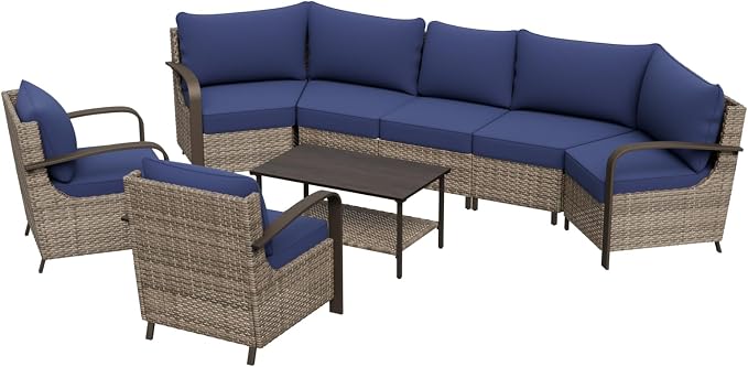 COOS BAY Aurora Terrace 6 Piece Outdoor Sectional Furniture Set, Half Moon Rattan Wicker Conversation Set with Patio Chairs, 5 Seat Sofa & Coffee Table for Patio Garden Yard, Beige/Blue