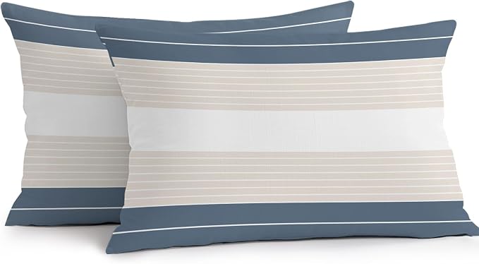 Haze Blue Beige Stripe Outdoor Pillow Covers Waterproof, All Weather Cushion Case Set of 2, Modern Art Horizontal Striped Lumbar Pillowcase for Sofa Couch Bed Decor Patio Furniture 20"x12"